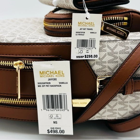 Michael Kors Medium Jaycee Zip Packet Backpack & Trifold Wallet Vanilla/Brown - Picture 16 of 16